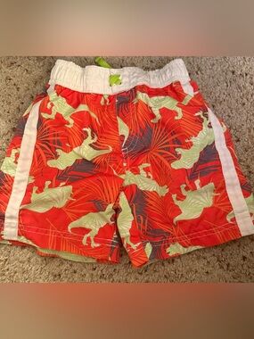 Kids' Red Tropical Swim Trunks with Lime Leaf Print